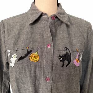 Country Store Womens Gray 100% Cotton Embroidered Halloween Button Down Top Sz M